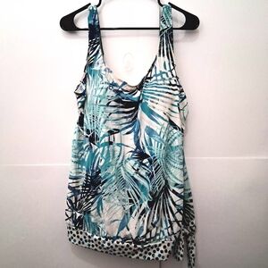 🩱SWIMSUITS FOR ALL Aqua and Navy Palm Tankini Top Size 18 Or 1X